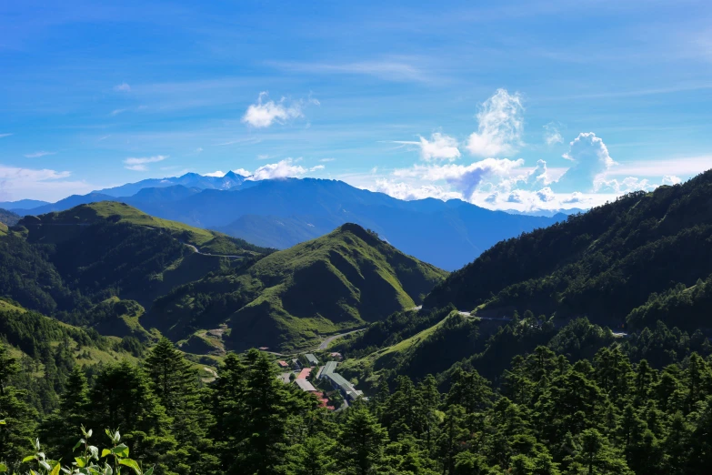 a large view of mountains, a road, and trees from the top