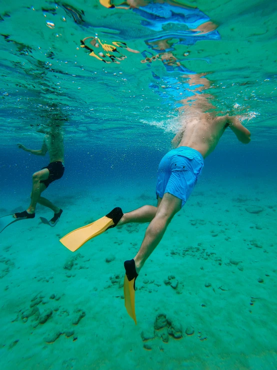 two men swim underwater and play with a frisbee