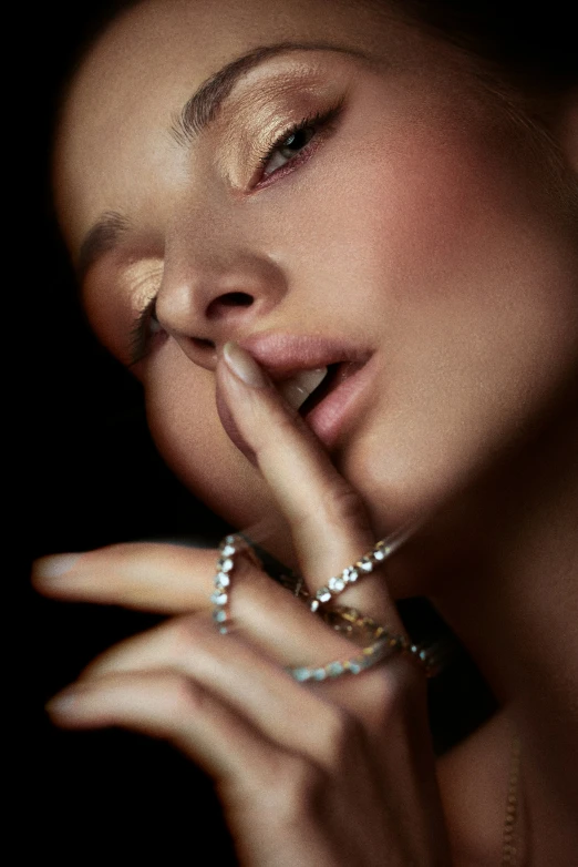 a woman wearing pearls is smoking a cigarette