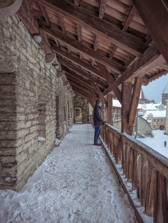 the person is walking up the walkway towards the snow