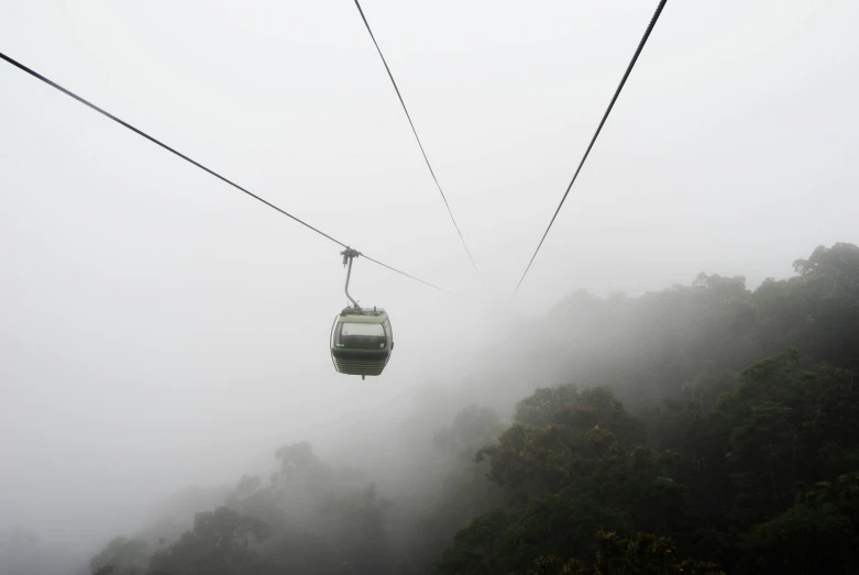 a view of a foggy mountain as the gondola is descending