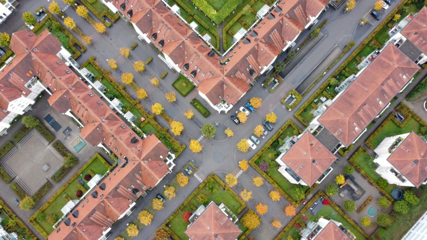 an aerial view of houses and a street