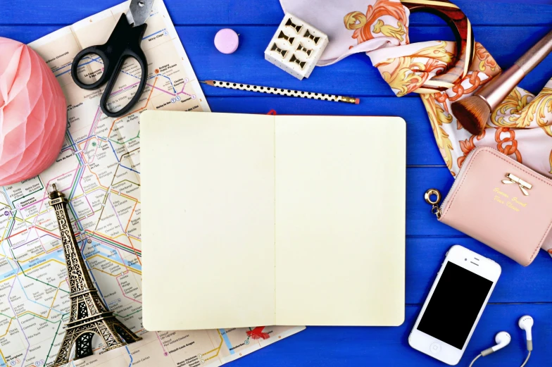 various items on a map with the eiffel tower in the background