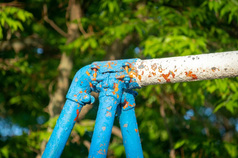 the blue pipe with rust is in front of some green trees