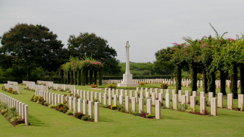 an army cemetery with rows of military crosses