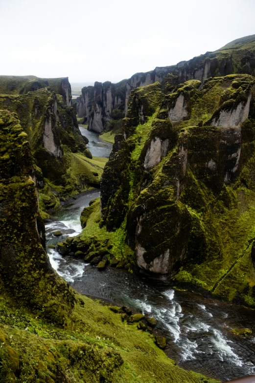 a river running between a grassy area and mountains