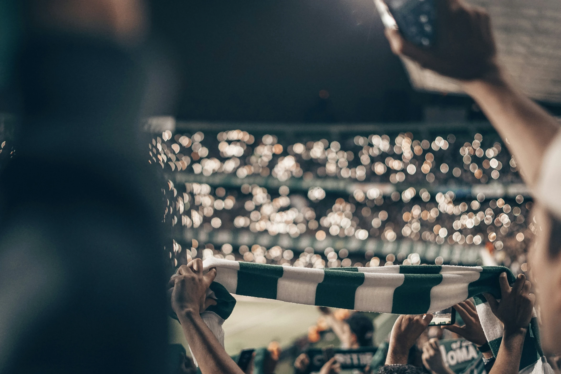 fans holding up scarves while watching the crowd