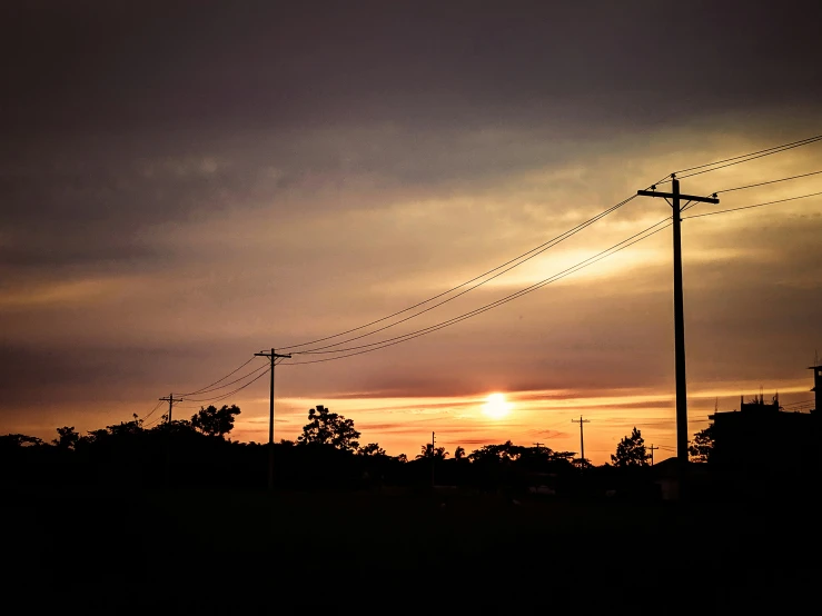 the sun setting with telephone poles all around