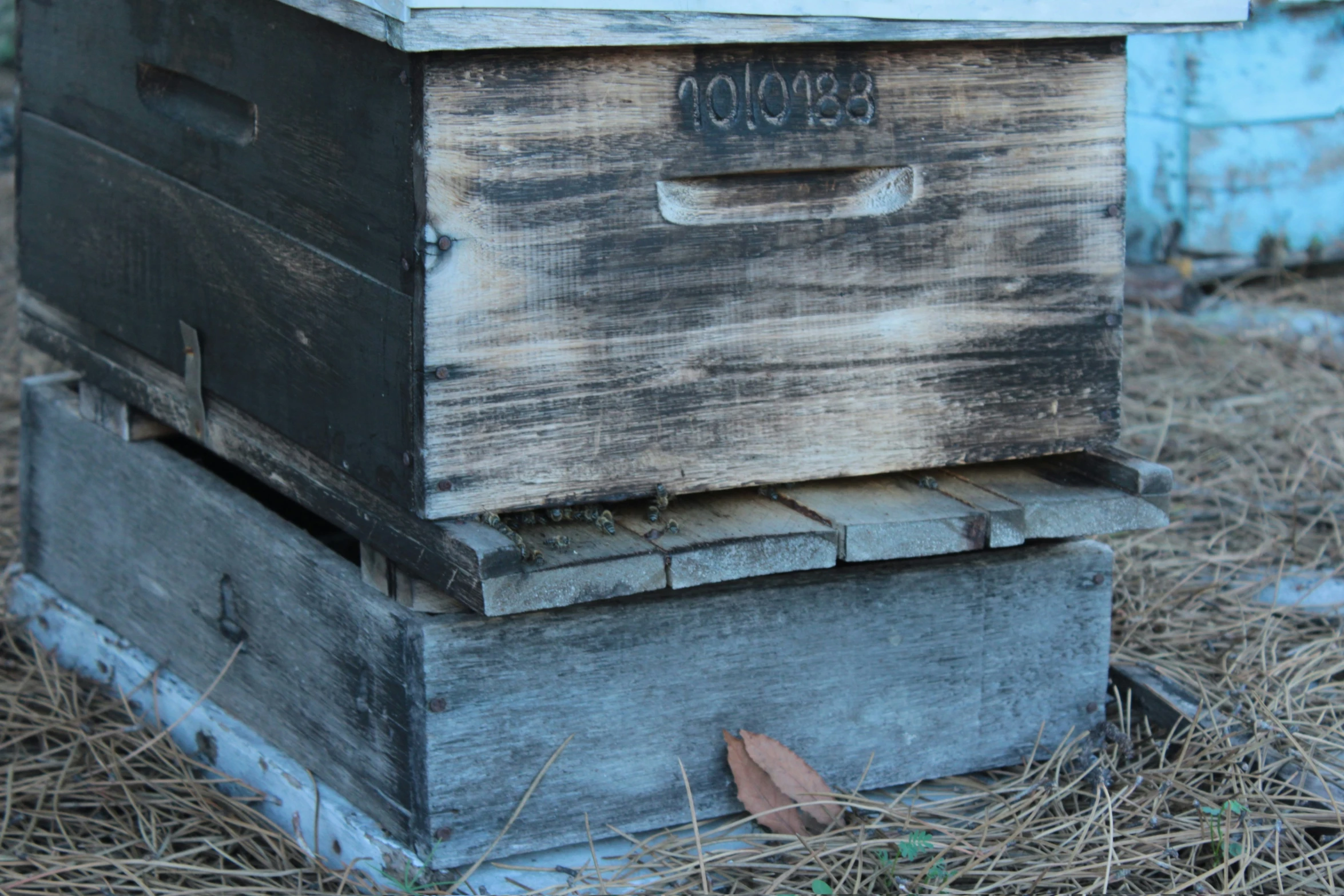 a wooden box on top of straw with an inscription on it