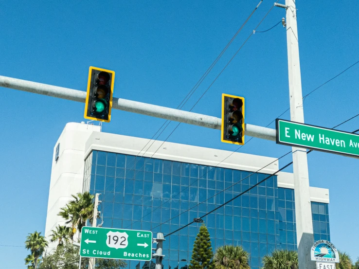 the traffic signal is green and two street signs are below it