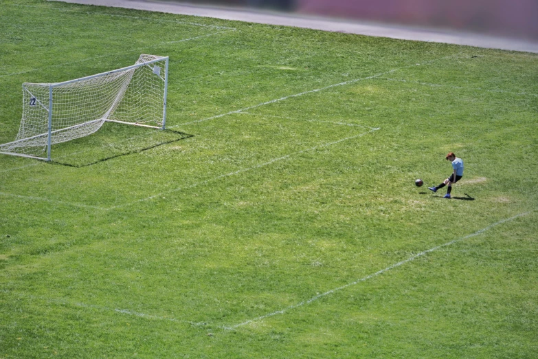 a young person kicking a soccer ball into the air on the grass