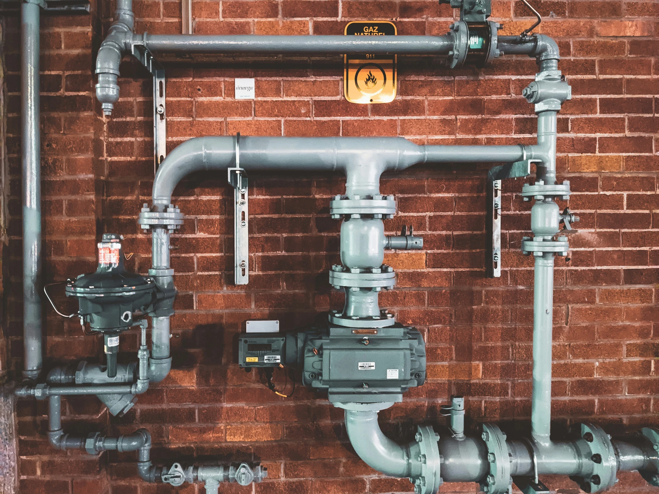 an industrial style plumbing system on a brick wall