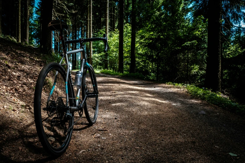 a bicycle parked on the side of a dirt road