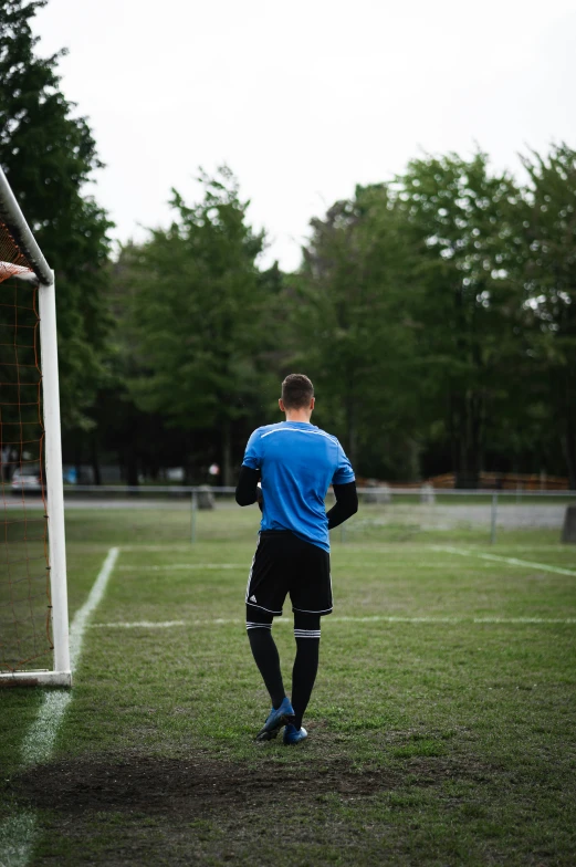 a soccer player standing in the grass at the goal