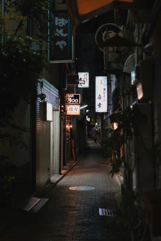 an alley way with lit up signs in front