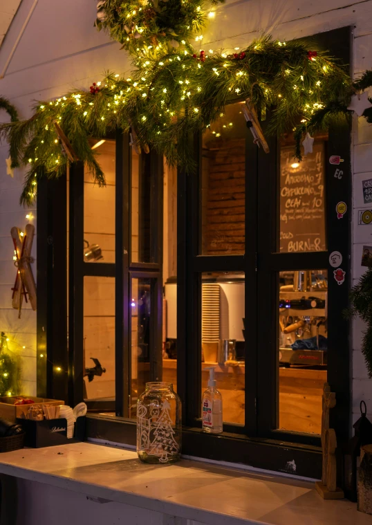 a display window with garland on it