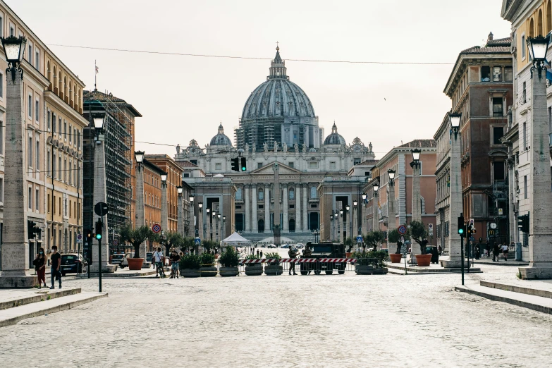 view of the cathedral from the street in front of several buildings