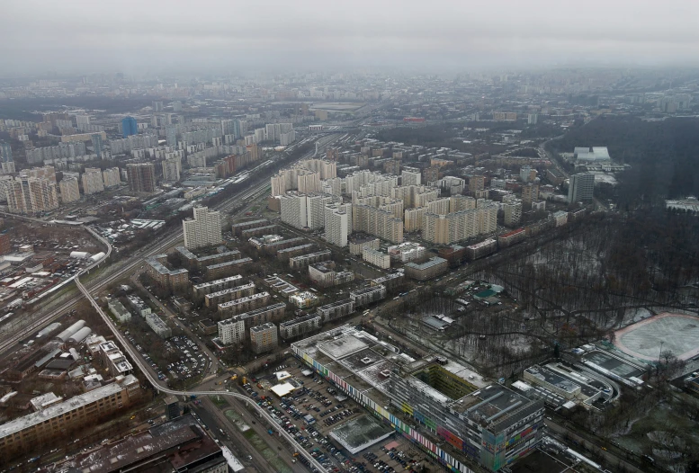 an aerial view of many buildings and streets