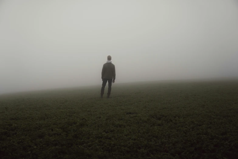 person standing in grass alone, foggy sky