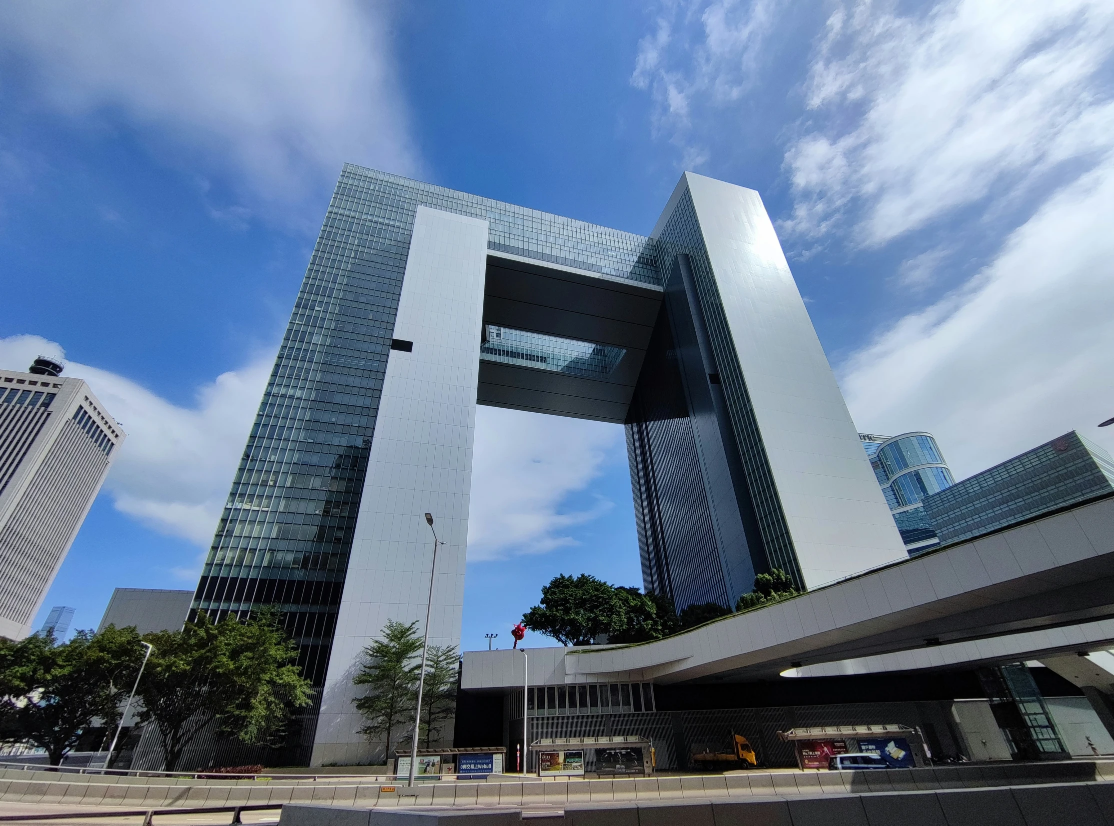 the building has a long glass window above it