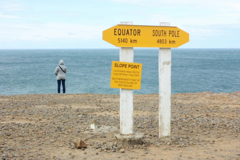 a person standing by the ocean near three direction signs