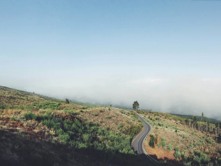 fog rolling in over a road on a hill