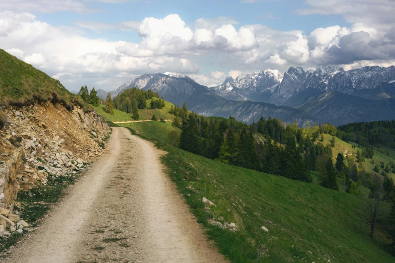 the road is winding and empty of any cars or vehicles on it