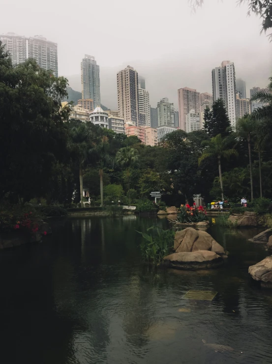 a body of water with trees in front of some buildings