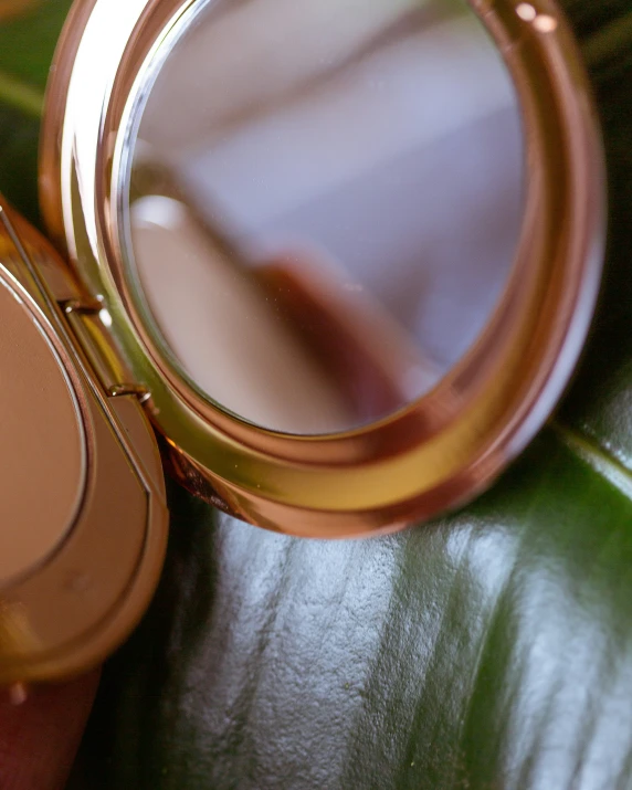 a person holding a small powder compact and a mirror