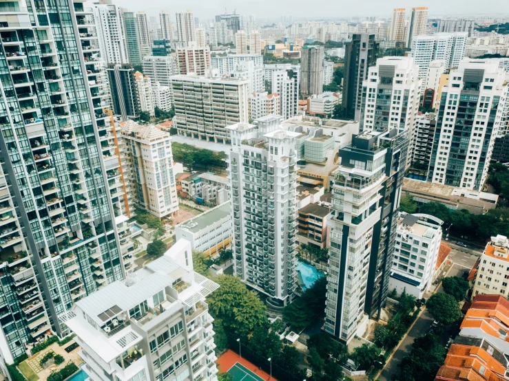 an aerial view of buildings in a city