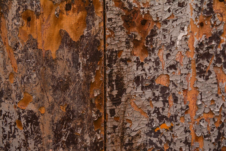 close up of peeling, yellow and grey paint on a wooden fence