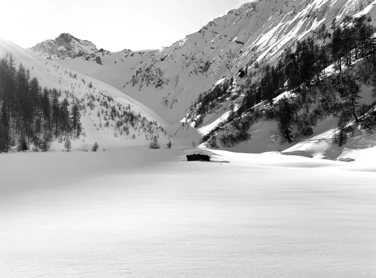 a black and white po of snow covered mountains