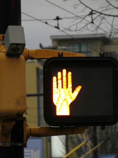 the street light shows the hand signal that the pedestrian will be taken
