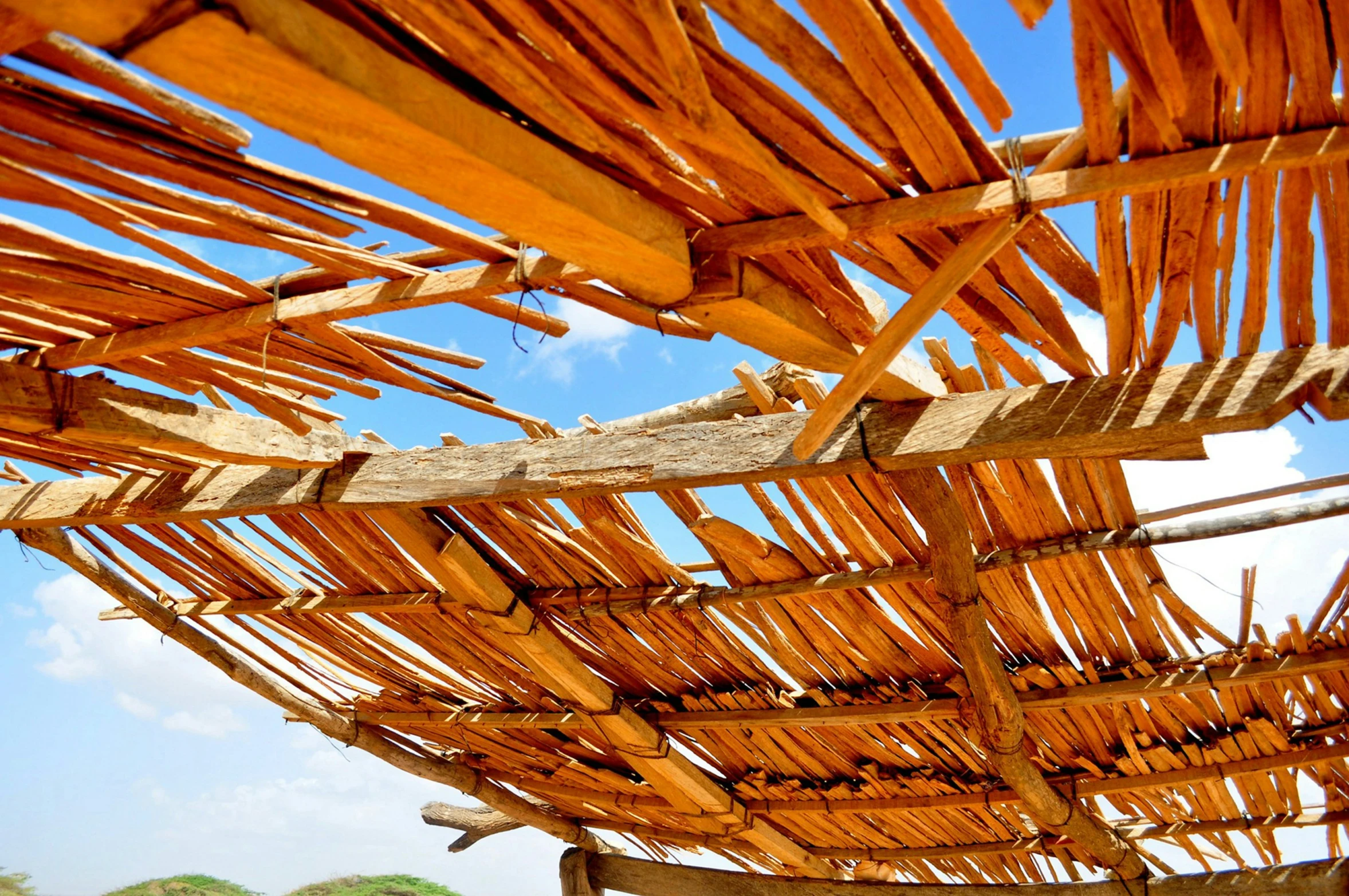 large wooden roof made up with wood strips