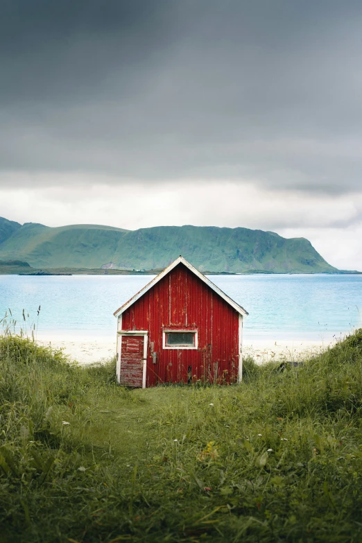 a small red shed sitting in the middle of grass near a body of water