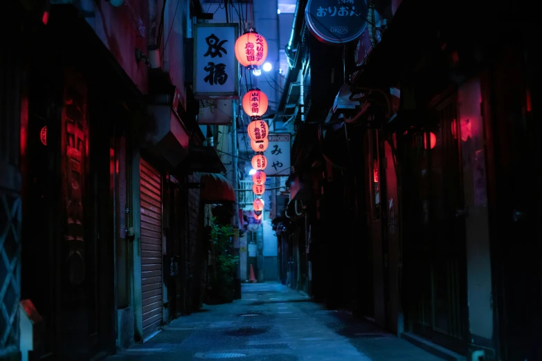 this alley way is illuminated in red light