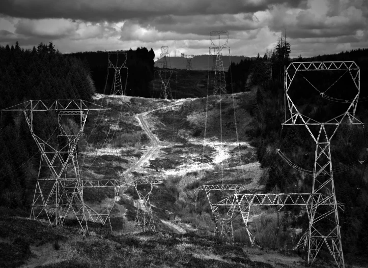 a black and white po with electrical towers