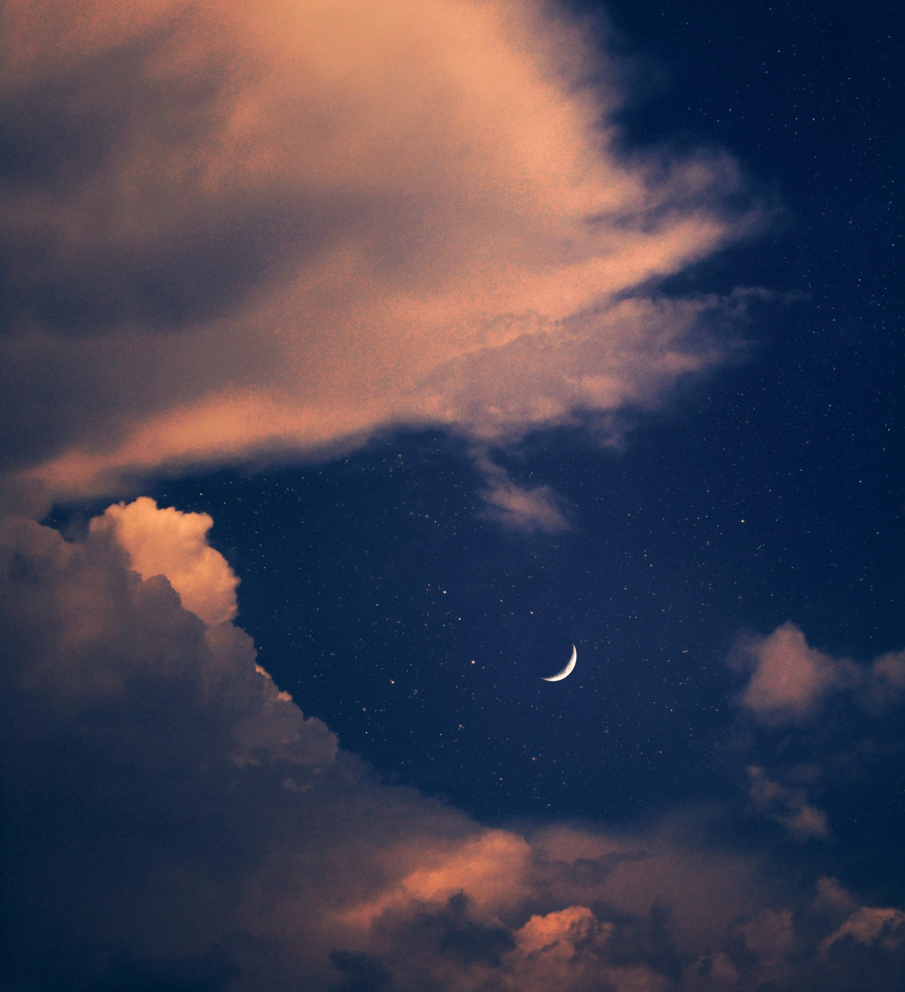 the sky is dotted with stars and a crescent