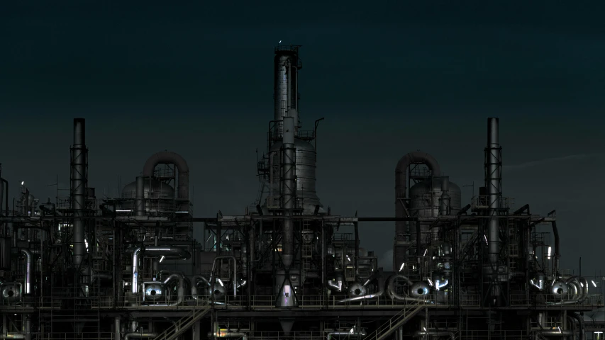 oil rigs on an industrial refinery plant at night