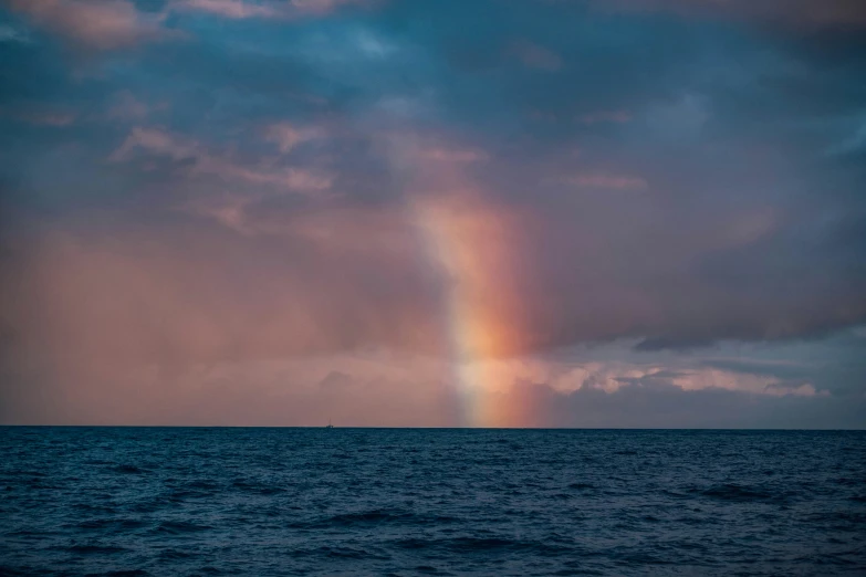 the sky above the water has a long rainbow in it