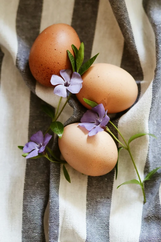 three eggs are on a striped towel with purple flowers