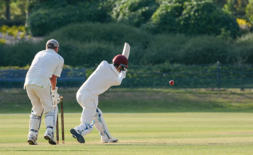 two men playing cricket on a grass field