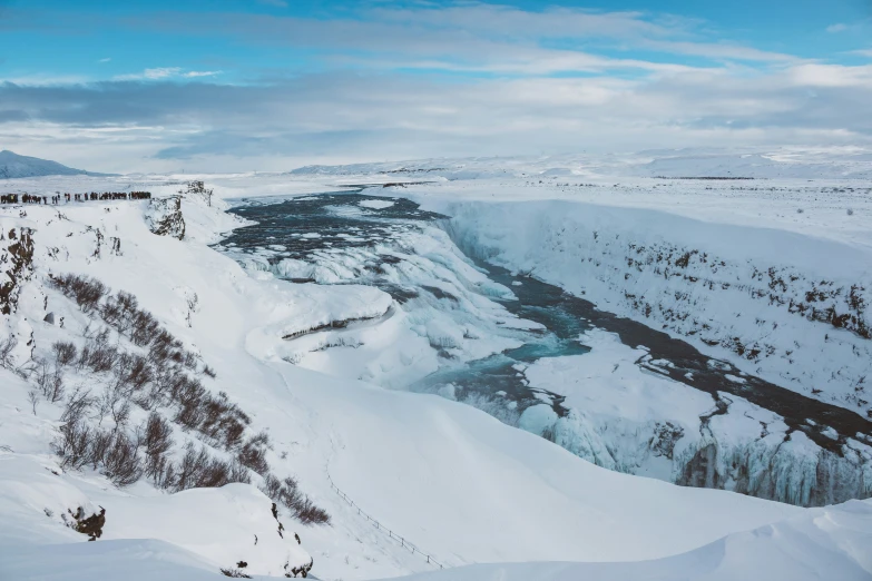 a group of people walking on top of snow covered ground