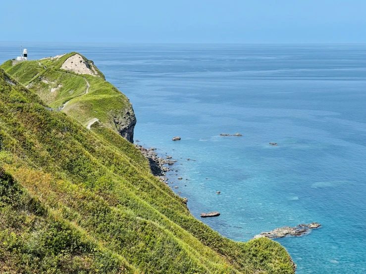 a group of people on a grassy hill with the ocean in the background