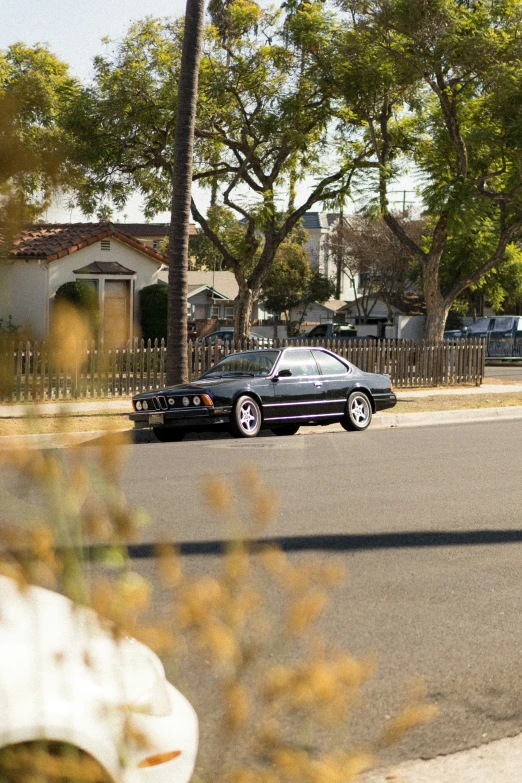 a purple car is parked on the street with two trees