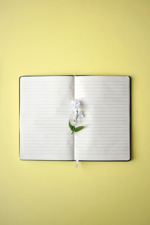 a notebook with pen and flower lying on it