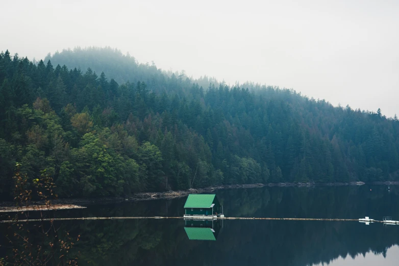 a green hut is by the edge of a body of water