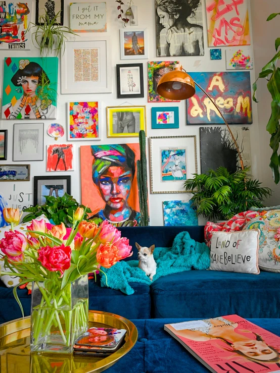 a room filled with colorful items, with walls in the background