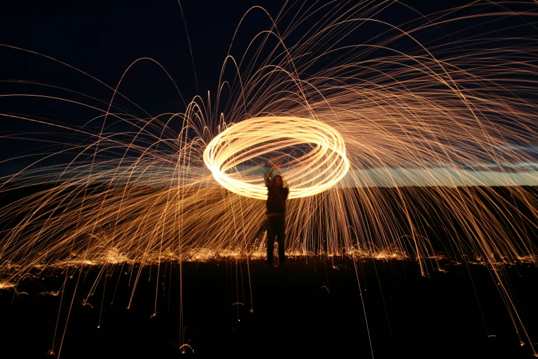 two men are standing on top of a hill with spinning steel wool around