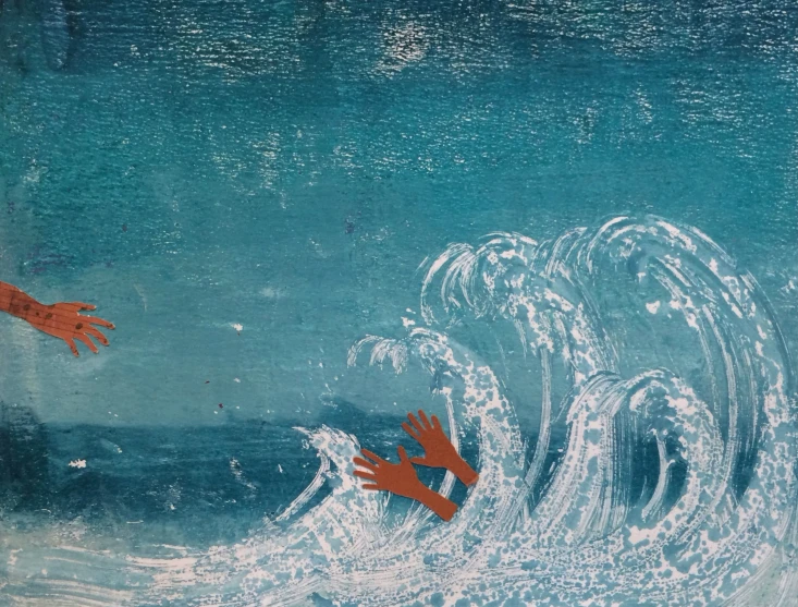 painting of hand reaches for the giant wave